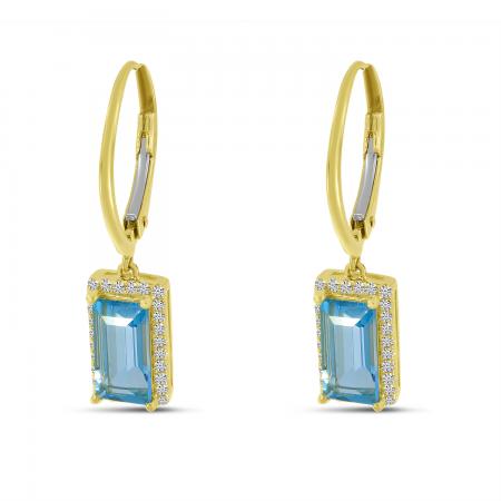 14K Yellow Gold Emerald Cut Blue Topaz and Diamond Lever Back Earrings