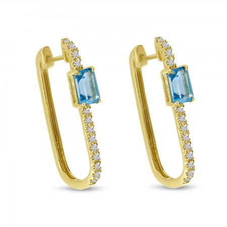 14K Yellow Gold Blue Topaz and Diamond Elongated Hoop