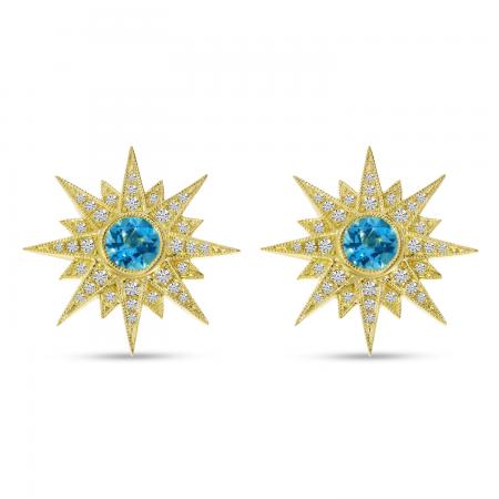 14K Yellow Gold Starburst Blue Topaz and Diamond Semi Precious Earrings