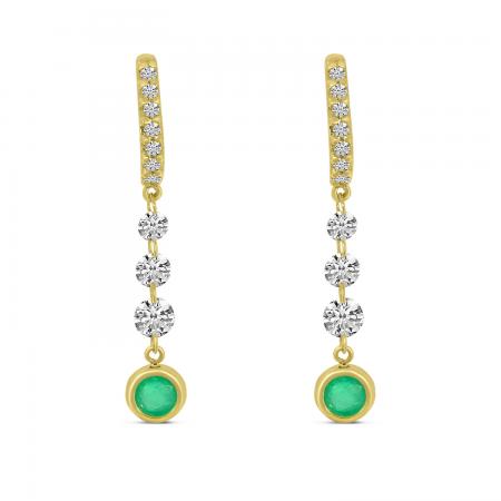 14K Yellow Gold Dashing Diamond Emerald Bezel Dangle Earrings