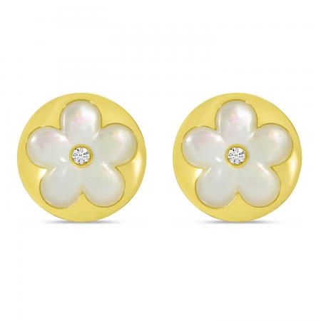 14K Yellow Gold Mother of Pearl and Diamond Floral Stud Earrings