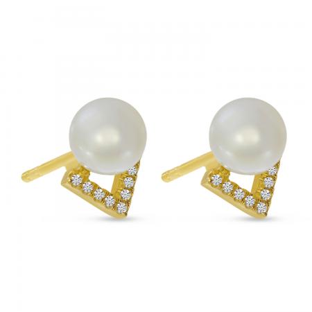 14K Yellow Gold Diamond Triangle Pearl Stud Earrings