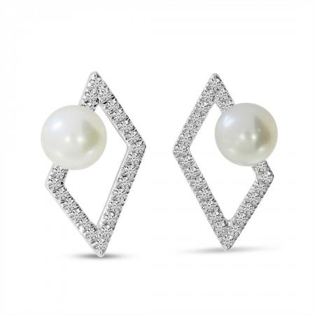 14K White Gold Pearl and Diamond Geometric Stud Earrings