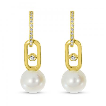 14K Yellow Gold Diamond and Pearl Drop Link Earrings