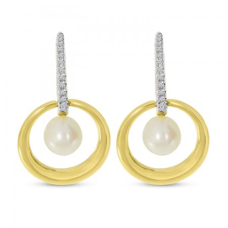 14K Yellow Gold Diamond and Pearl Drop Circle Earrings