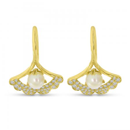 14K Yellow Gold Diamond and Pearl Fan Earrings