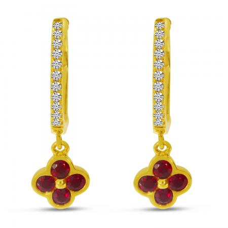 14K Yellow Gold Ruby Clover Drop Diamond Huggies