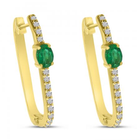 14K Yellow Gold Emerald and Diamond Oval Hoop Earrings