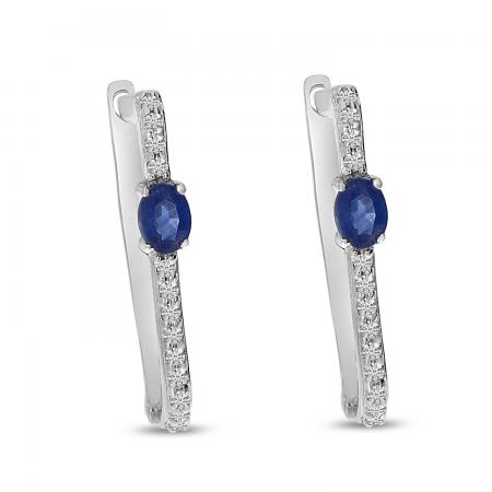 14K White Gold Oval Sapphire with Diamond Oval Hoop Earrings