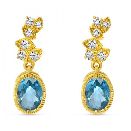 14K Yellow Gold Oval Blue Topaz Drop Diamond Post Earrings