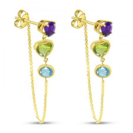 14K Yellow Gold Round & Heart Multi Drop Amethyst, Peridot and Blue Topaz Chain Earrings