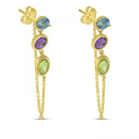 14K Yellow Gold Round & Oval Multi Drop Blue Topaz, Amethyst and Peridot Chain Earrings