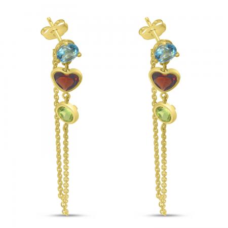 14K Yellow Gold Round & Heart Multi Drop Blue Topaz, Garnet and Peridot Chain Earrings
