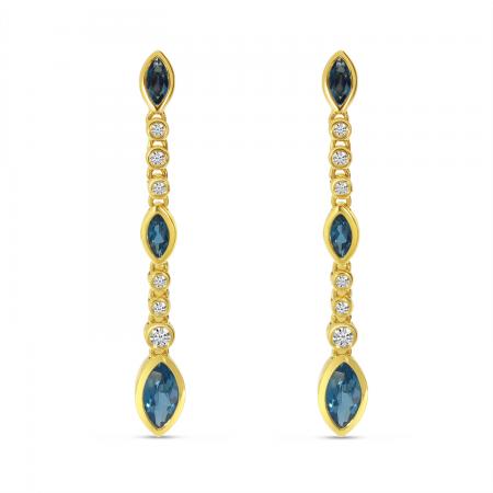 14K Yellow Gold Marquise Blue Topaz and Diamond Semi Precious Drop Earrings