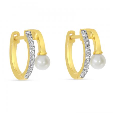 14K Yellow Gold Diamond and Pearl Huggie & A Half Earrings