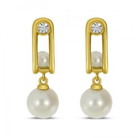 14K Yellow Gold Diamond and Elongated Pearl Earrings