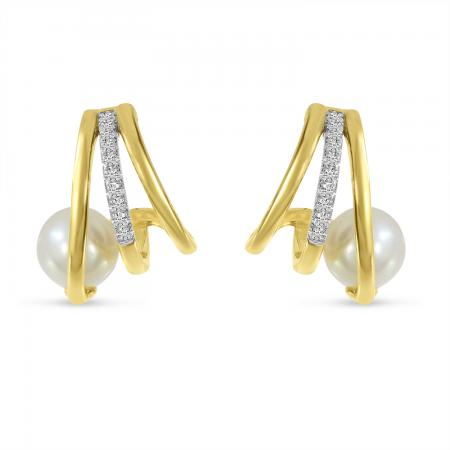 14K Yellow Gold Triple Huggie with Pearl and Diamond Earrings