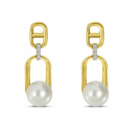 14K Yellow Gold Diamond and Pearl Link Earrings