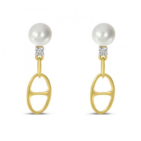 14K Yellow Gold Pearl and Diamond Link Earrings