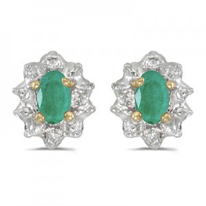 10k Yellow Gold Oval Emerald And Diamond Earrings