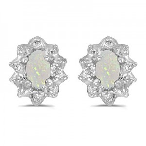 10k White Gold Oval Opal And Diamond Earrings