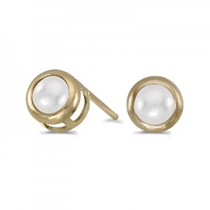 14k Yellow Gold Pearl Bezel Stud Earrings