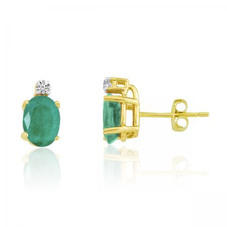 14K Yellow Gold Oval Emerald and Diamond Earrings