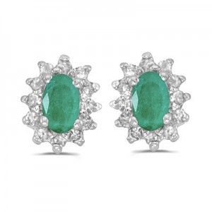 14k White Gold Oval Emerald And Diamond Earrings