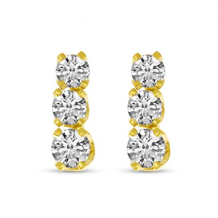 14k Yellow Gold Three Stone Diamond Studs