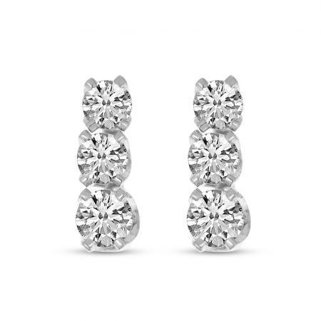 14k White Gold Three Stone Diamond Studs