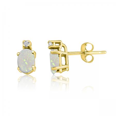 14K Yellow Gold Oval Opal & Diamond Earrings