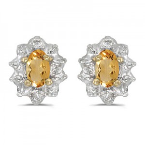 14k Yellow Gold Oval Citrine And Diamond Earrings