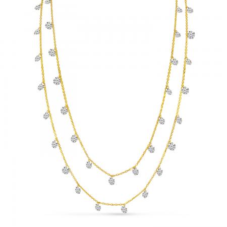 14K Yellow Gold Double Chain Dashing Diamonds Necklace