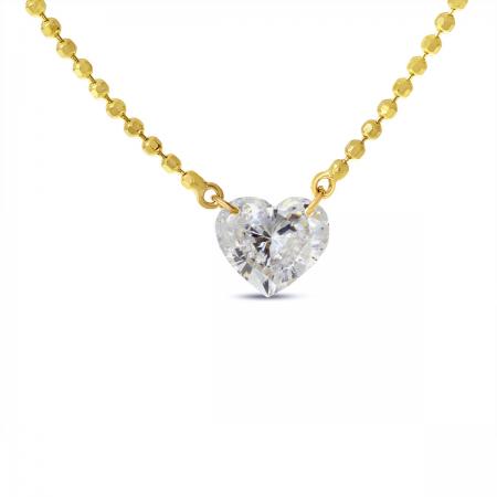 14K Yellow Gold .48 ct Single Heart Dashing Diamond 18 inch Bead Necklace