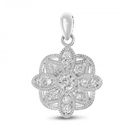 14K White Gold Diamond Millgrain Floral Pendant