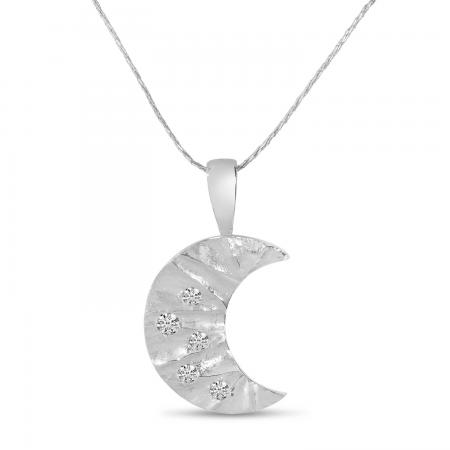 14K White Gold Brushed Diamond Moon Pendant