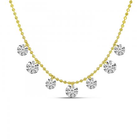 14K Yellow Gold 1.35 Ct Dashing Diamond 7 Stone Necklace on Bead Chain