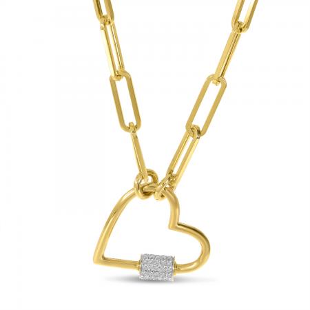 14K Yellow Gold Diamond Heart Lock Paperclip Chain