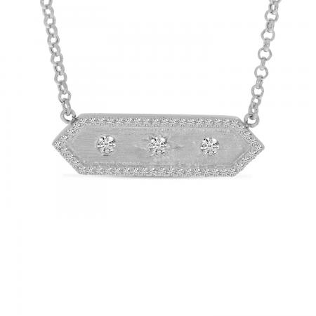 14K White Gold Diamond Halo Brushed Hexagon Bar Necklace