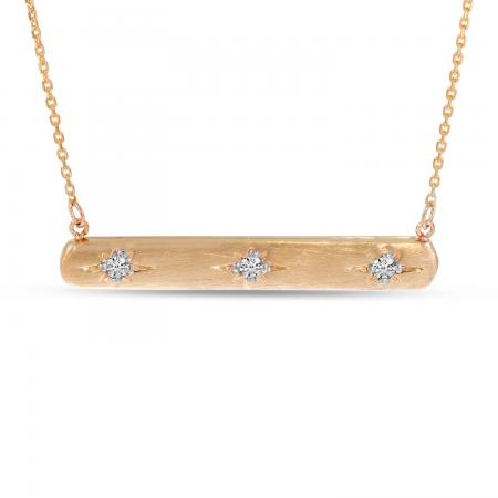 14K Rose Gold 3 Diamond Brushed Gold Bar Necklace