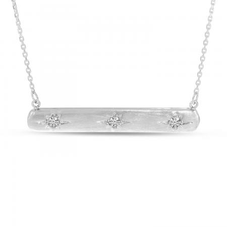 14K White Gold 3 Diamond Brushed Gold Bar Necklace