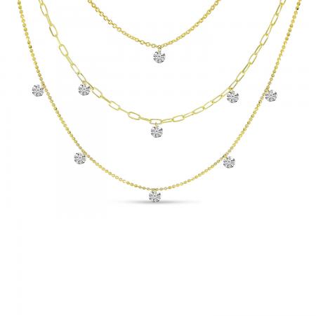 14K Yellow Gold Triple Strand Dashing Diamonds Multi-Chain Necklace