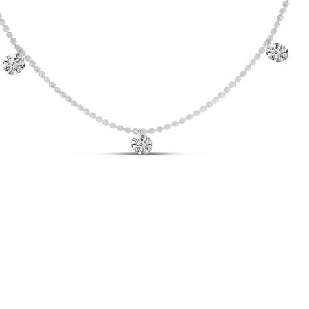 14K White Gold Diamond Dashing Three Diamond 18 inch Beaded Necklace