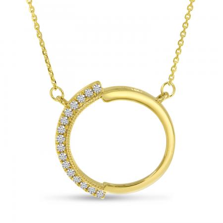 14K Yellow Gold Half Diamond Open Circle Necklace