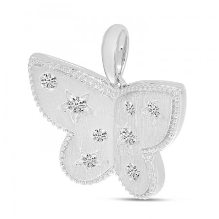 14K White Gold Diamond Brushed Gold Butterfly Pendant