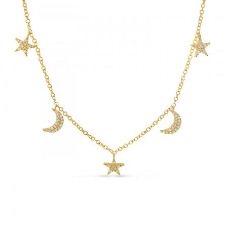 14K Yellow Gold Moon and Stars Diamond Necklace