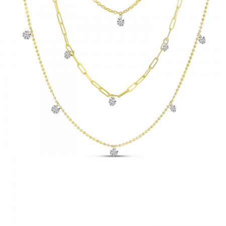 14K Yellow Gold Triple Chain Dashing Diamonds Necklace