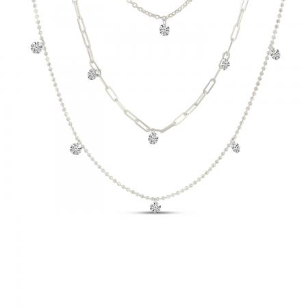 14K White Gold Triple Chain Dashing Diamonds Necklace