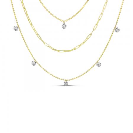 14K Yellow Gold Triple Chain Dashing Diamonds Necklace