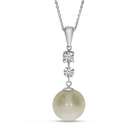 14K White Gold Dashing Diamonds 3-Stone Drop Pearl Pendant